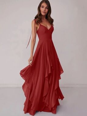 Azazie Barbie Rust V-Neck Ruffled Chiffon Maxi Dress